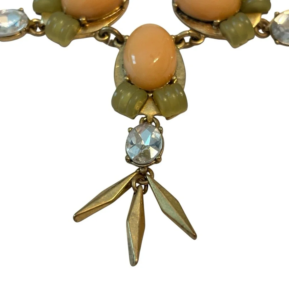J.Crew Statement Bib Necklace Peach Cabochon Crystal Gold Tone Leaf Dangle